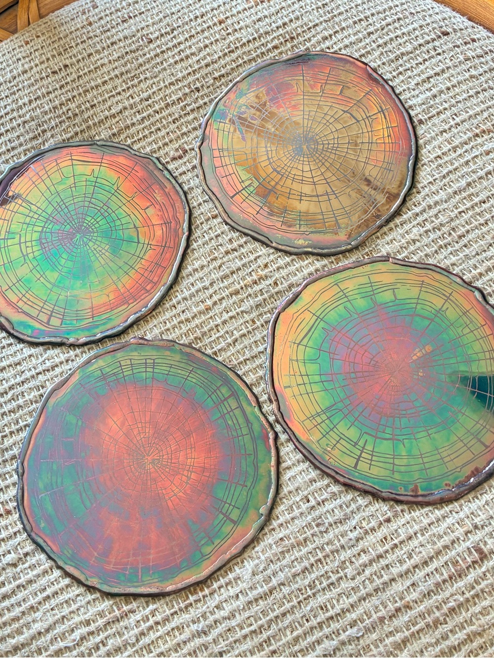 Anthropologie Metal Iridescent Multicolor Tree Ring Coasters (4) - Picture 2 of 7